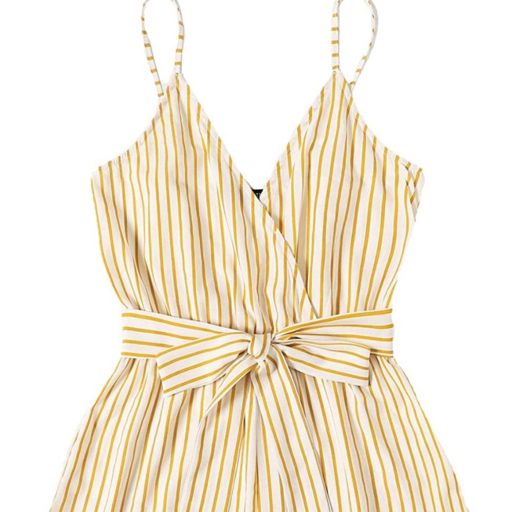 Cute yellow striped romper with waist tie and adjustable straps